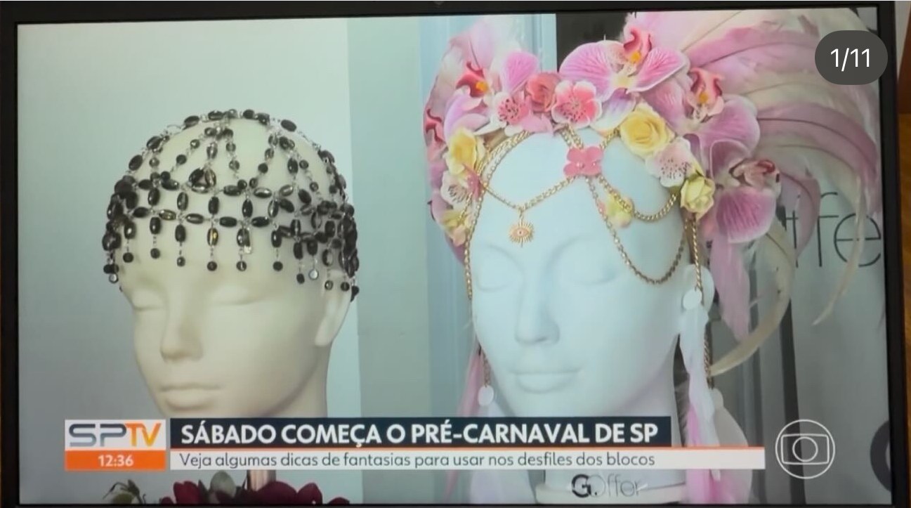 Headpieces da G. Offer no SPTV, da TV Globo, em matéria de pré-Carnaval de São Paulo