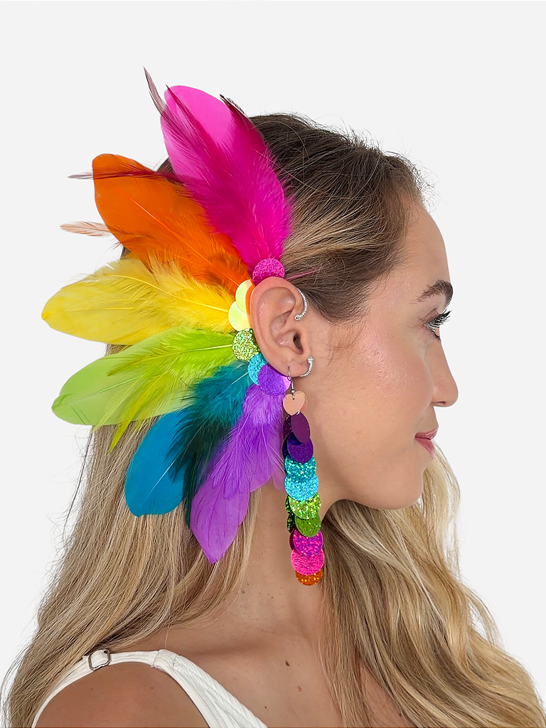 Ear cuff de penas naturais neon coloridas para o Carnaval