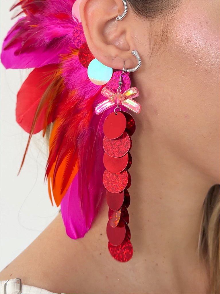 Brinco de Carnaval de paetê com laço vermelho