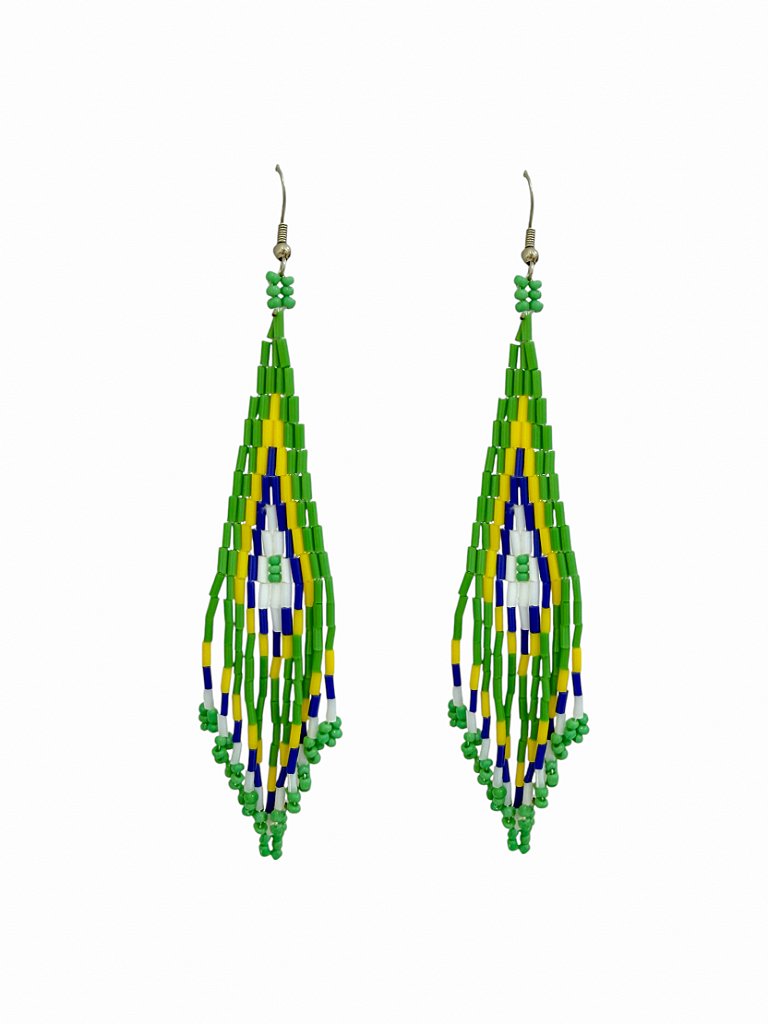 Brinco de Carnaval verde e amarelo com franja de miçangas