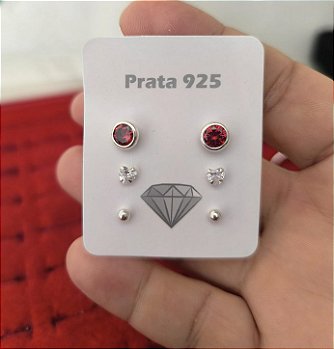Trio brinco colorido prata 925