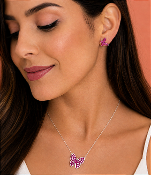 Conjunto Borboleta Zircônia Rosa Prata 925