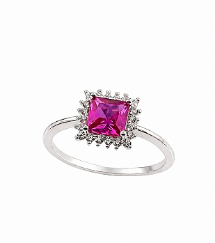 Anel Zircônia Quadrada Rosa Pink Prata 925