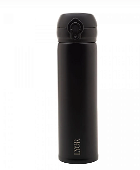 GARRAFA TÉRMICA DUPLA PAREDE DE AÇO INOX COM TAMPA FLIP PRETA 410ML - LYOR