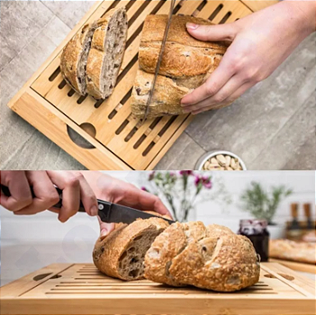 TÁBUA DE CORTE 4 EM 1 MIGALHEIRA DE PÃO COM BANDEJA EM BAMBU 36X22CM - CLINK