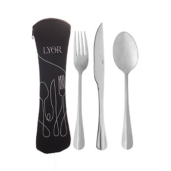 KIT REFEIÇÃO COM ESTOJO DE NEOPRENE PRETO COM 3 TALHERES POSITANO DE AÇO INOX - LYOR