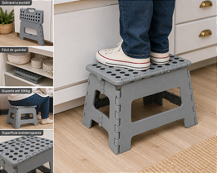 BANCO MULTIUSO PORTÁTIL DOBRÁVEL DE PLÁSTICO REFORÇADO CINZA 22CM - LYOR