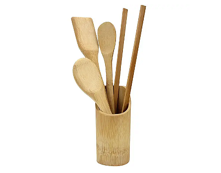 KIT DE UTENSÍLIOS EM BAMBU COM SUPORTE 5 PEÇAS - CLINK