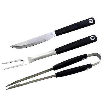 JOGO PARA CHURRASCO 3 PEÇAS GARFO, PEGADOR E FACA EM AÇO INOX COM CABO EMBORRACHADO - FULLFIT