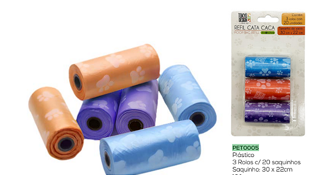 KIT REFIL CATA CACA SAQUINHOS HIGIÊNICOS PARA PET 3 ROLOS COM 20 UNIDADES CADA - MULTIART