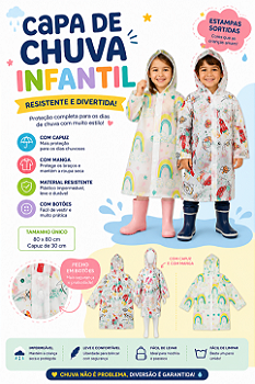 CAPA DE CHUVA COM CAPUZ FECHAMENTO COM BOTÕES REUTILIZÁVEL 80CM ESTAMPAS SORTIDAS - TOKYO DESIGN