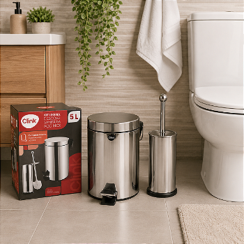 KIT LIXEIRA DE AÇO INOX 5 LITROS E ESCOVA SANITÁRIA - CLINK