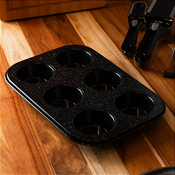 FORMA DE AÇO CARBONO ANTIADERENTE PARA CUPCAKE COM 6 CAVIDADES GRANILITE PRETO 26X18CM - LYOR