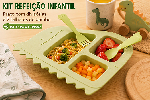 KIT REFEIÇÃO INFANTIL PRATO COM DIVISÓRIAS E 2 TALHERES DE BAMBU DINOSSAURO 25X22CM - LYOR