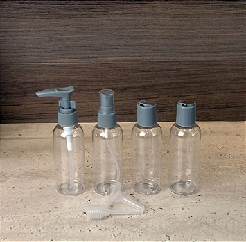 KIT 4 FRASCOS PARA VIAGEM DE PLÁSTICO COM TAMPA CINZA - LYOR
