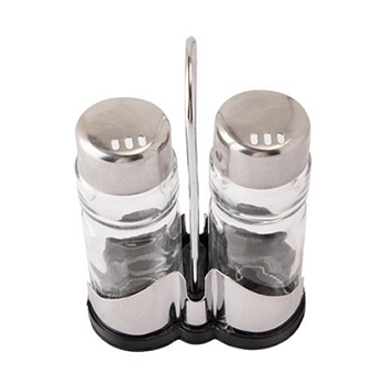 KIT COM 2 PORTA CONDIMENTOS E SUPORTE SALEIRO PIMENTEIRO DE VIDRO COM TAMPA EM AÇO INOX 35ML - FLASHGOODS