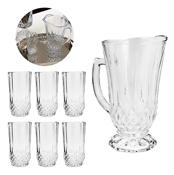 KIT COM JARRA 1,25 LITROS E 6 COPOS 260ML DE VIDRO ROBERTA - LYOR