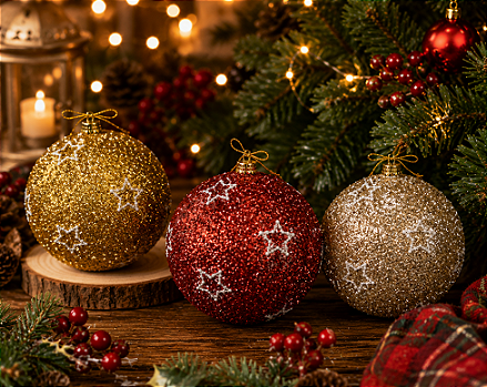 BOLA DE NATAL DECORADA STAR COM GLITTER 10CM CORES SORTIDAS UNITÁRIA - MULTIART