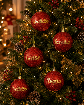 BOLA DE NATAL DECORADA PALAVRAS VERMELHA COM DOURADA 10CM UNITÁRIA - MULTIART