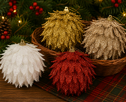 BOLA DE NATAL DECORADA PINHA COM GLITTER 10CM CORES SORTIDAS UNITÁRIA - MULTIART