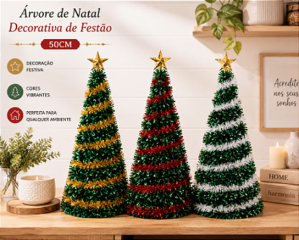ÁRVORE DE NATAL DECORATIVA DE FESTÃO COM ESTRELA 50CM CORES SORTIDAS - MULTIART