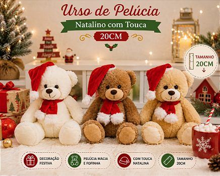 URSO DE PELÚCIA NATALINO COM TOUCA E CACHECOL 20CM - MULTIART