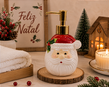 PORTA SABONETE LÍQUIDO OU ALCOOL EM GEL DE PORCELANA PAPAI NOEL 200ML 17CM - MULTIART