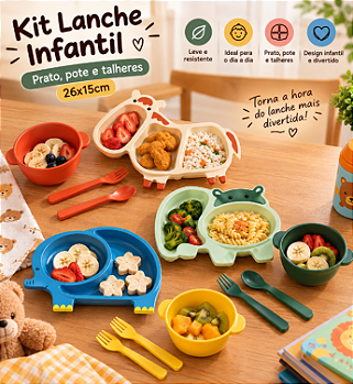 KIT LANCHE INFANTIL DE PLÁSTICO COM PRATO, POTE E TALHERES 25X16CM SORTIDO - CLINK