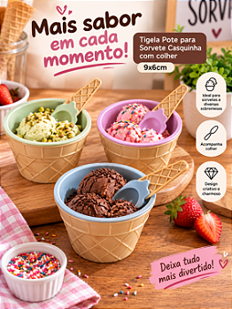 TIGELA POTE PARA SORVETE COM COLHER CASQUINHA 9X6CM CORES SORTIDAS - CLINK