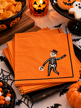 KIT COM 20 GUARDANAPOS DE PAPEL LARANJA HALLOWEEN ESQUELETO 33X33CM - FLORARTE