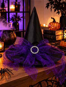 CHAPÉU DE BRUXA COM VÉU TEIA DE ARANHA PRETO COM ROXO 40X34CM - FLORARTE