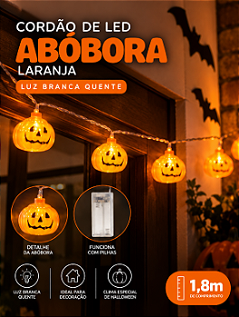 CORDÃO DE LED HALLOWEEN BRANCO QUENTE ABÓBORA LARANJA 1.8 METROS - FLORARTE