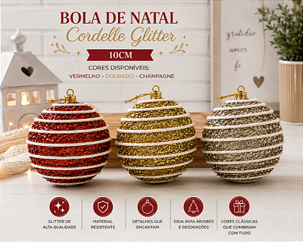 BOLA DE NATAL DECORADA COM GLITTER 10CM CORES SORTIDAS UNITÁRIA - MULTIART