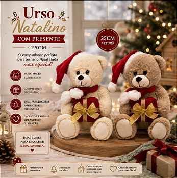 URSO DE PELÚCIA NATALINO COM TOUCA E PRESENTE 25CM UNITÁRIO - MULTIART