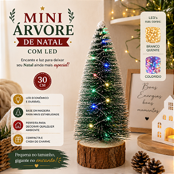 MINI ÁRVORE DE NATAL DECORATIVA COM LED COLORIDO/BRANCO QUENTE 30CM - MULTIART