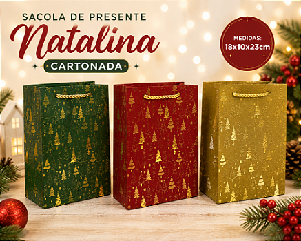 SACOLA DE PAPEL CARTONADO DE NATAL 18X10X23CM DECORADA - MULTIART