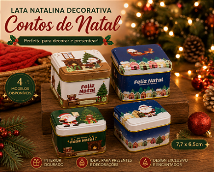LATA DECORATIVA DE NATAL PARA PRESENTEAR CONTOS DE NATAL INTERIOR DOURADO 7X6CM UNITÁRIO SORTIDO - MULTIART