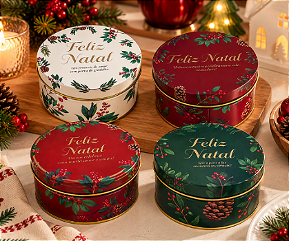 LATA DECORATIVA DE NATAL PARA PRESENTEAR BERRIES E FOLHAS INTERIOR DOURADO 10X6CM UNITÁRIO SORTIDO - MULTIART