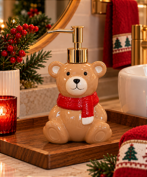 PORTA SABONETE LÍQUIDO OU ALCOOL EM GEL DE PORCELANA URSO DE NATAL 200ML 17CM - MULTIART