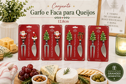 KIT COM GARFO E FACA PARA QUEIJOS TEMA NATALINO 12,8CM SORTIDO - MULTIART