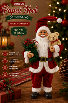 BONECO DECORATIVO DE NATAL PAPAI NOEL VERMELHO COM URSO 30CM - MULTIART
