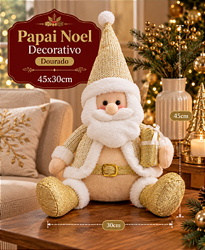 BONECO PAPAI NOEL DECORATIVO DOURADO 45X30CM - MULTIART