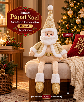 BONECO PAPAI NOEL DOURADO SENTADO DECORATIVO 60X30CM - MULTIART