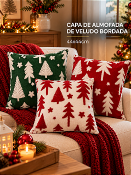 CAPA DE ALMOFADA NATAL BORDADA VELUDO PINHEIRINHO 44X44CM - MULTIART