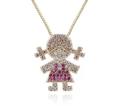 Colar  Filha Menina Vestido Rosa - Semijoia Banhada a Ouro 18k