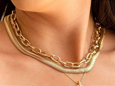 Colar Malha Corrente Lacraia/ Salamandra ou Serpente de 8mm - Semijoia Banhada a Ouro 18K