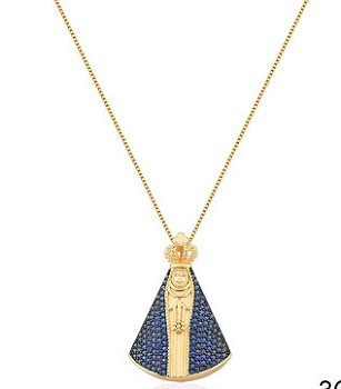 Colar Nossa Senhora Cravejada  Microzirconias Azuis Banhada a Ouro 18K