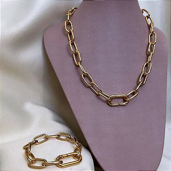 Pulseira Elo Médio Oval Fecho Com Elo - Semijoia Banhada a Ouro 18k