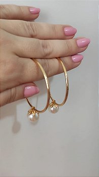 Brinco Argola Grande Com Perola - Semijoia Banhada a Ouro 18K