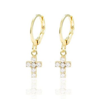 Brinco de Argola com Cruz Cravejada em Zircônia Pendurada - Semijoia Argolinha18k